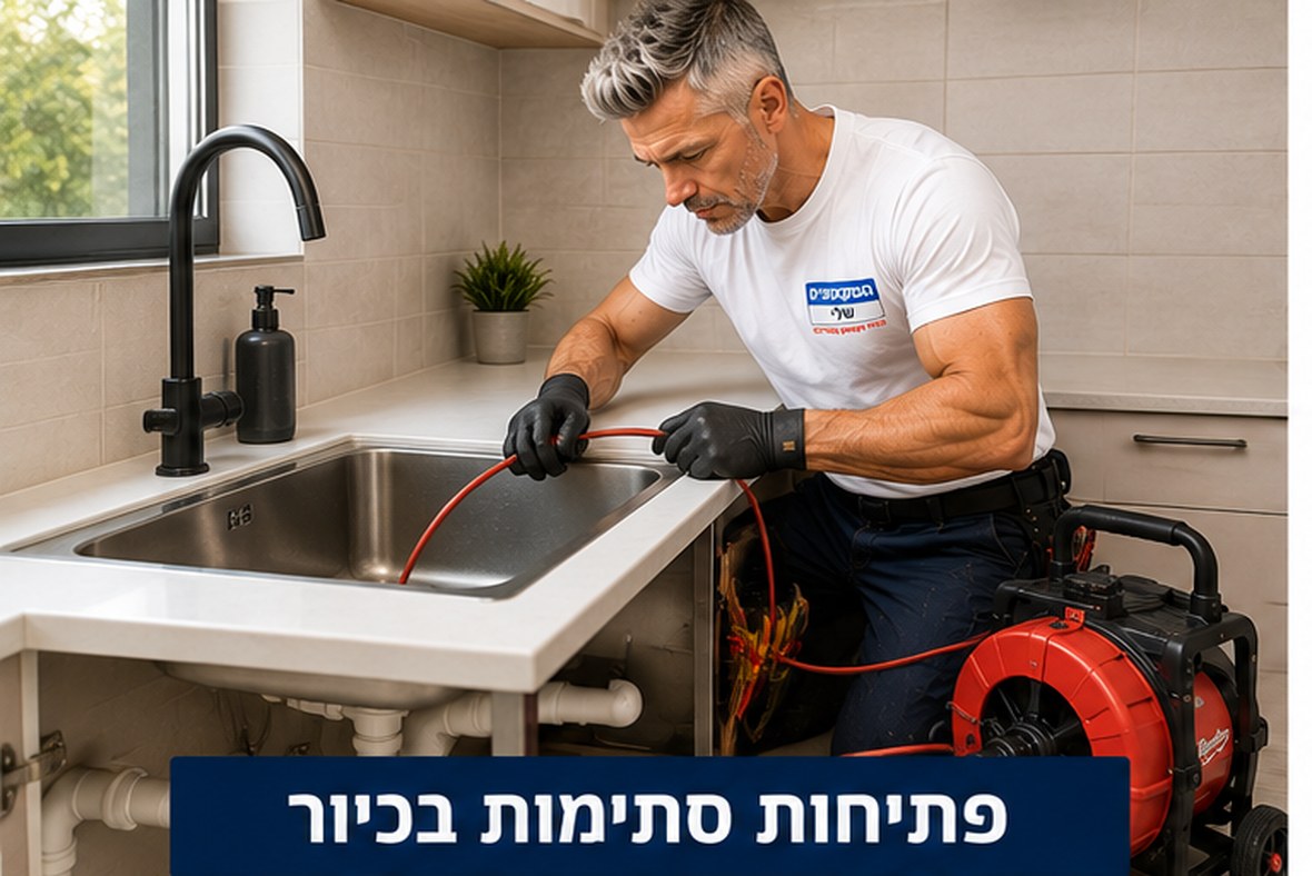 אינסטלטור של המקצוענים שלי פותח סתימה בכיור מטבח עם מכונת ספירלה