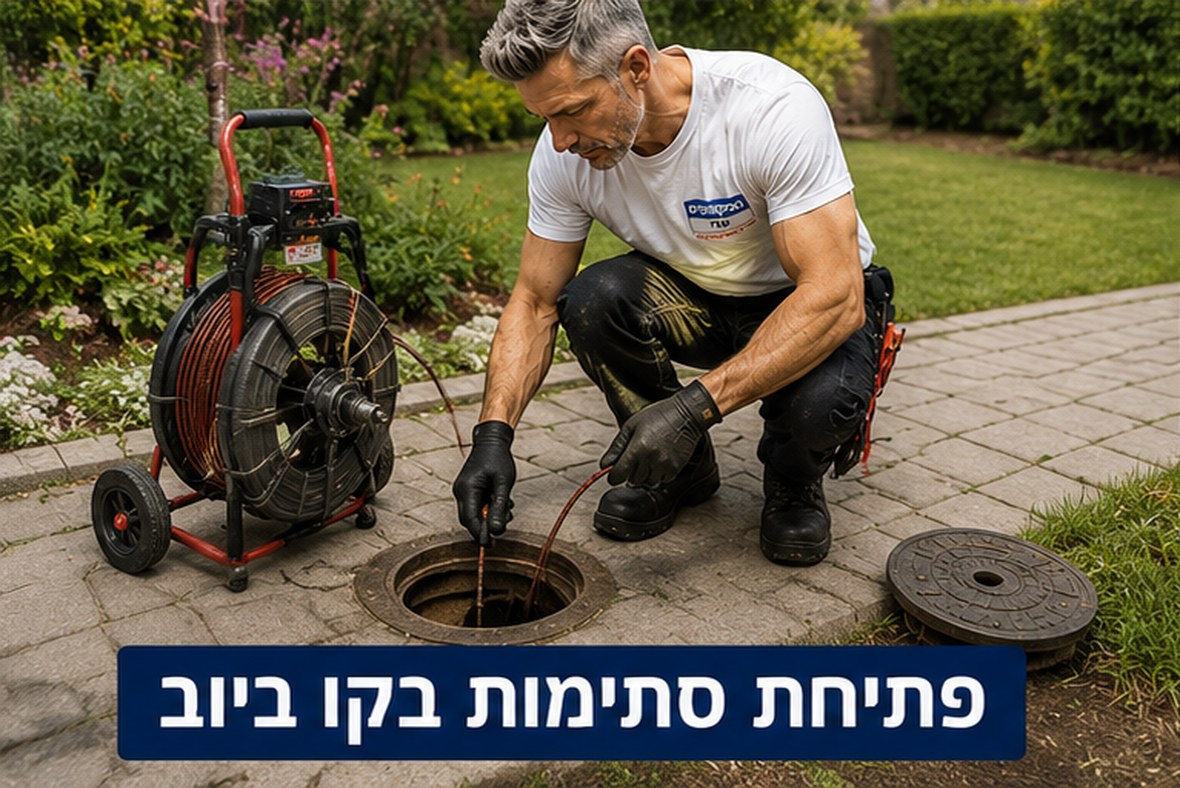 פתיחת סתימה בשוחת ביוב בחצר בעזרת ספירלה מקצועית