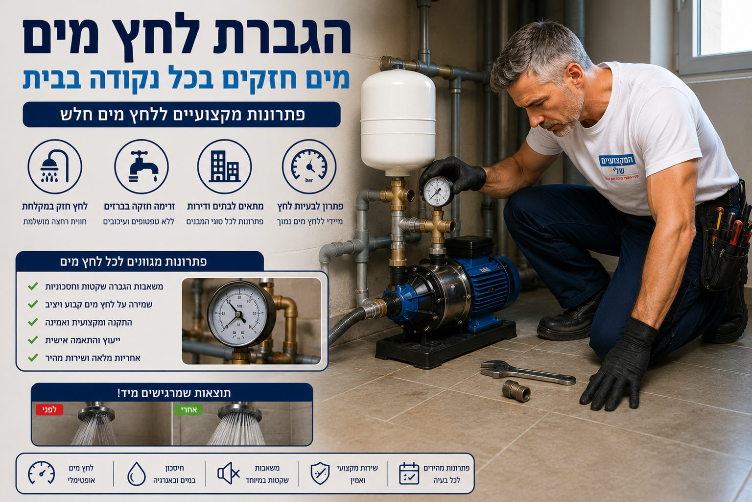 התקנת משאבת הגברת לחץ מים עם מיכל התפשטות ומנומטר בבית פרטי