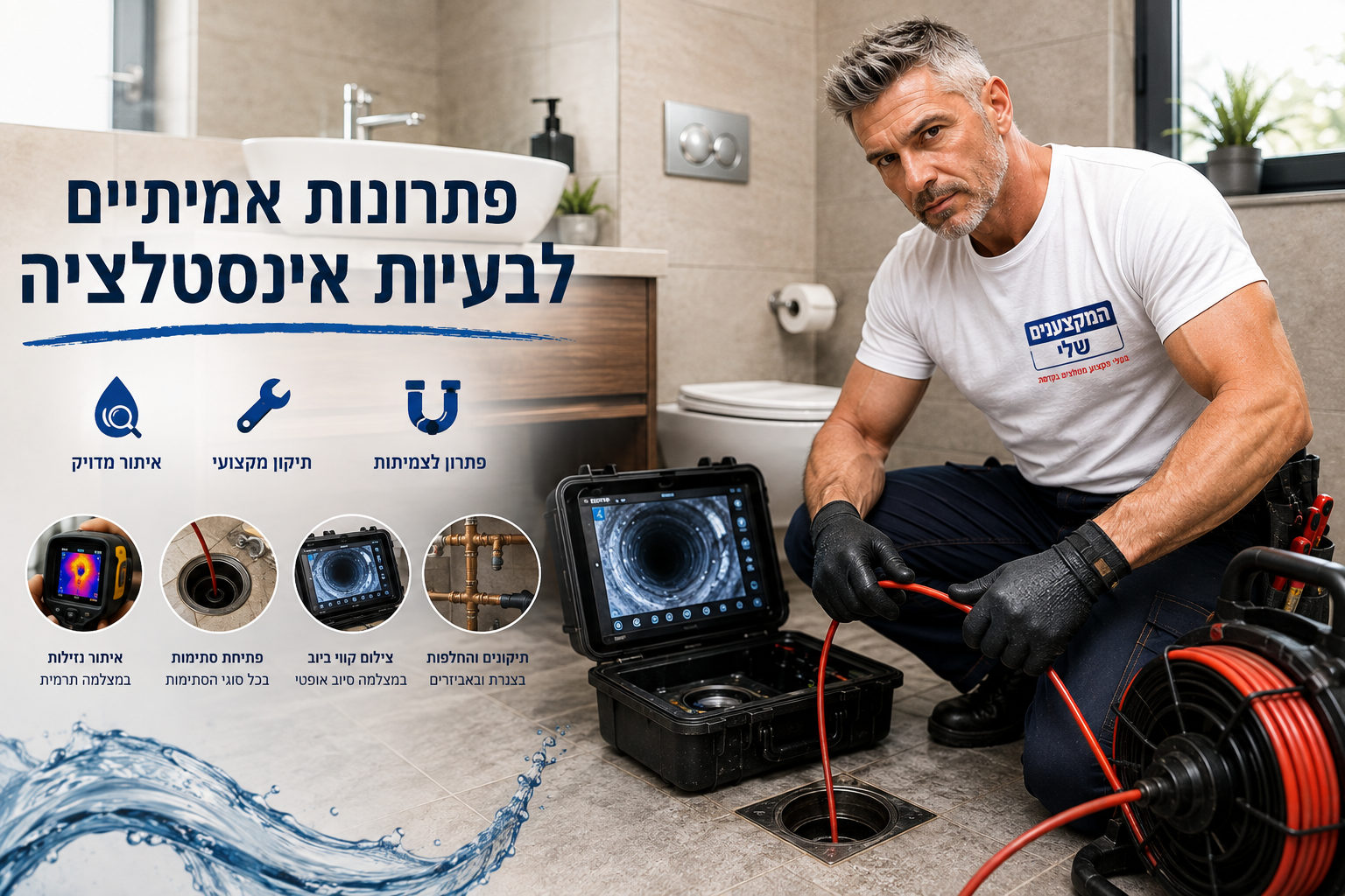 אינסטלטור של המקצוענים שלי עם ציוד איתור נזילות וצילום קו ביוב בחדר רחצה