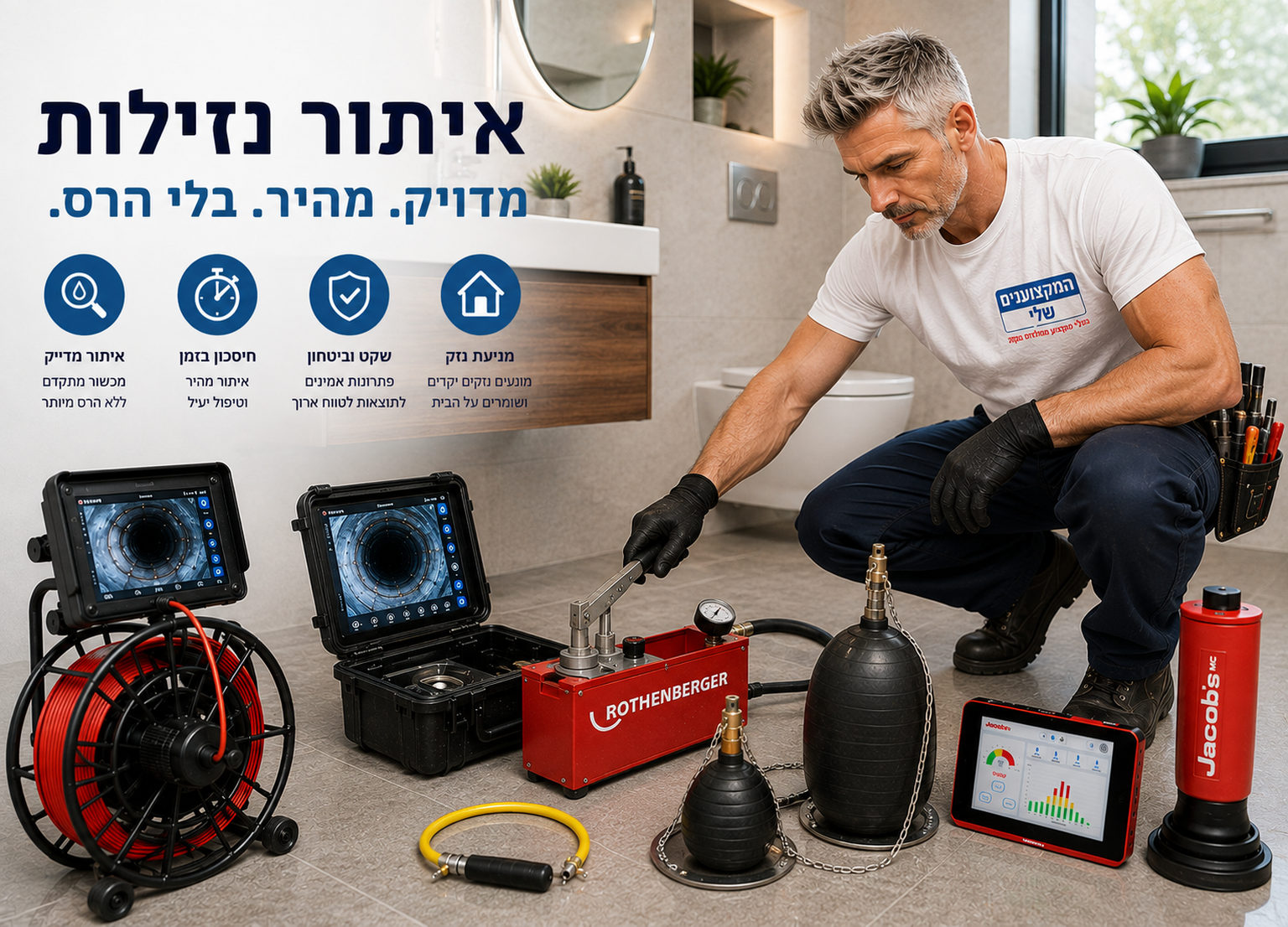 איתור נזילות ללא הרס עם משאבת בדיקת לחץ, מצלמת סיב אופטי ובלוני אטימה