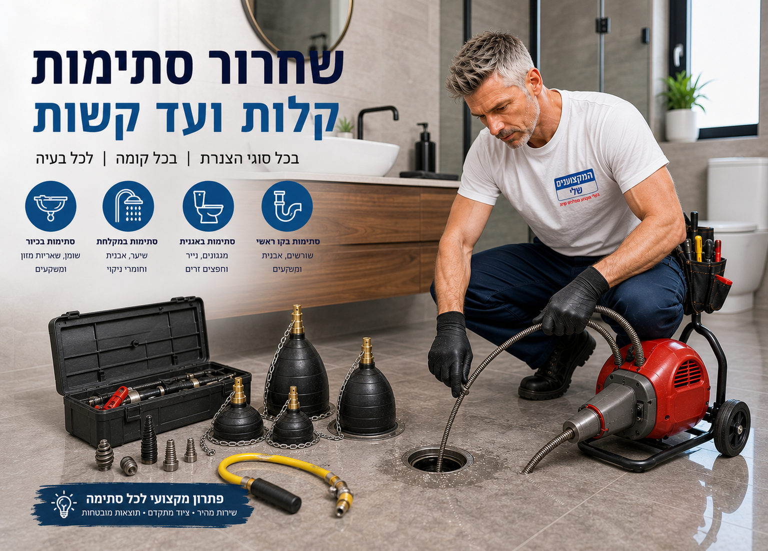 פתיחת סתימות בכל סוגי הצנרת בעזרת מכונת ספירלה חשמלית ובלוני שטיפה
