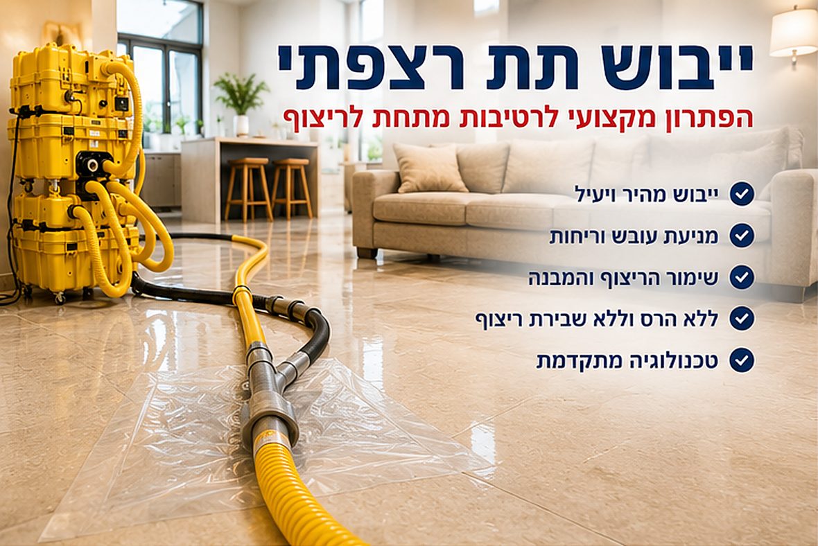 ייבוש תת רצפתי בסלון, מכונת ייבוש מחוברת לריצוף ללא הרס