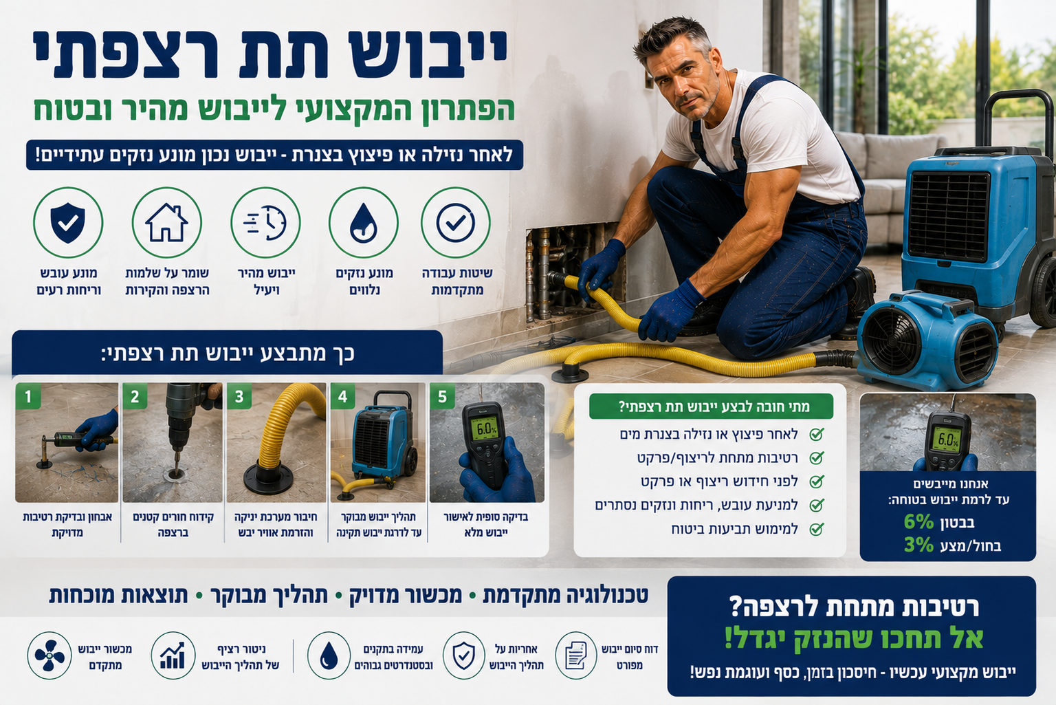 ייבוש תת רצפתי לאחר נזילה בצנרת עם מייבש תעשייתי ומדידת אחוזי רטיבות