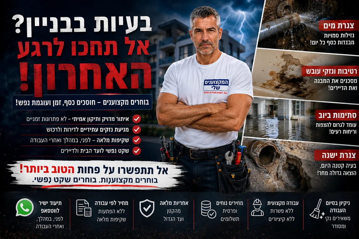 בעיות בבניין? אל תחכו לרגע האחרון — אינסטלטור לוועד בניין: נזילות בצנרת מים, רטיבות ונזקי עובש, סתימות ביוב וצנרת ישנה