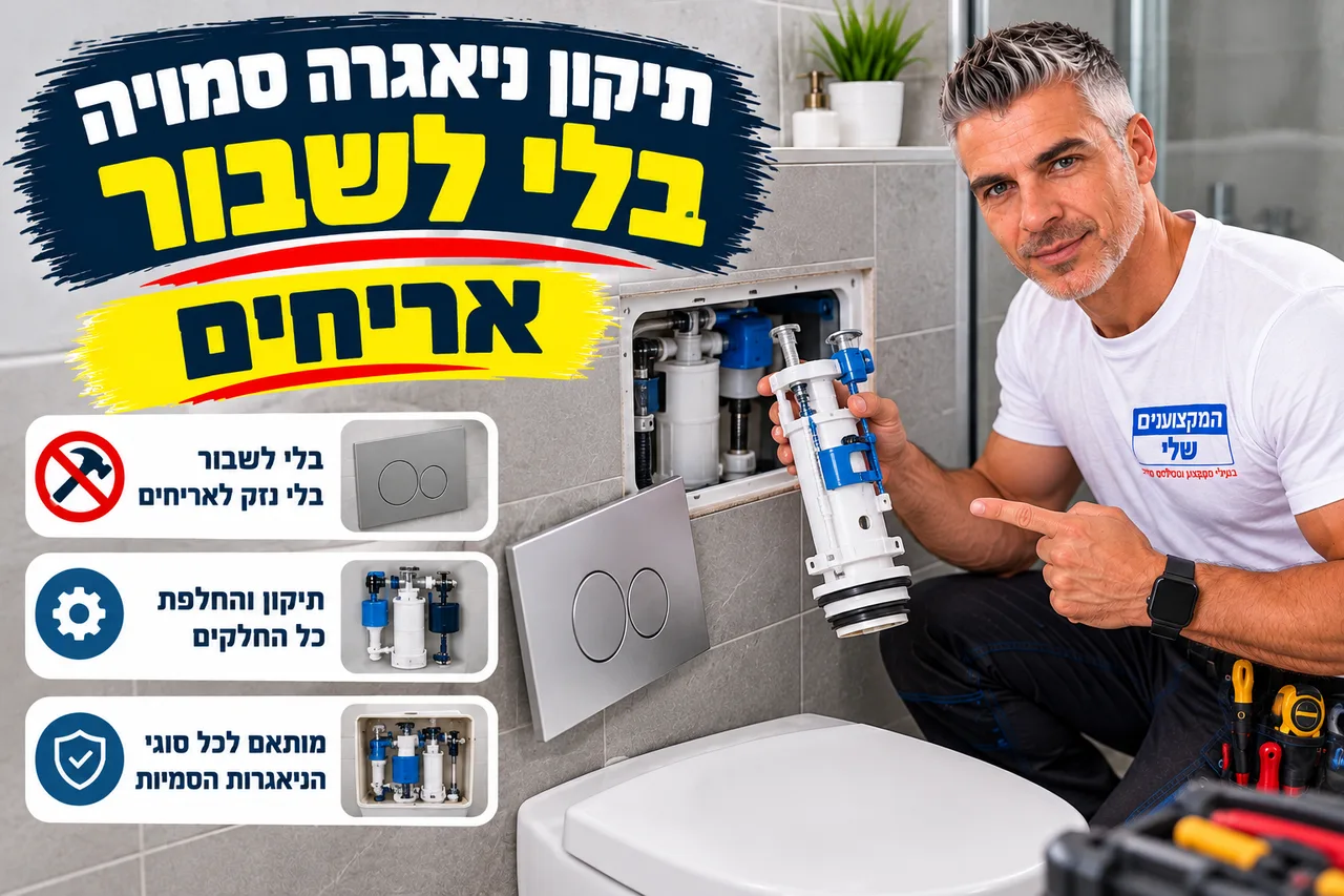 תיקון ניאגרה סמויה בלי לשבור אריחים - גישה דרך פתח הלחצן