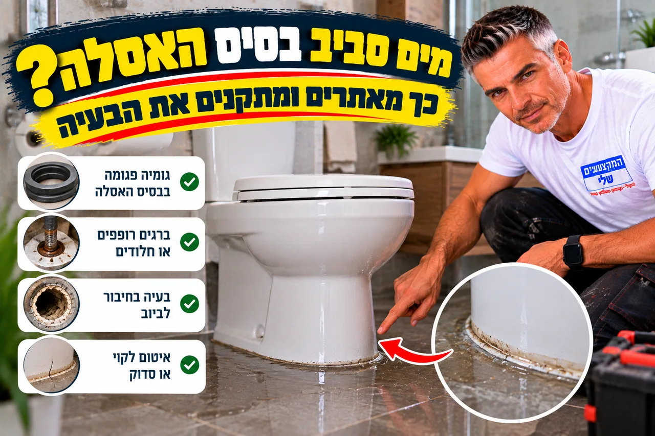 מים סביב בסיס האסלה - איתור המקור: גומיית בסיס, ברגים, חיבור לביוב או איטום
