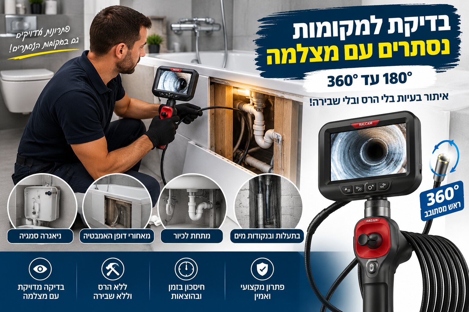 בדיקה עם מצלמת אנדוסקופ 360 מעלות במקומות נסתרים: ניאגרה סמויה, מאחורי דופן האמבטיה ומתחת לכיור, בלי שבירה