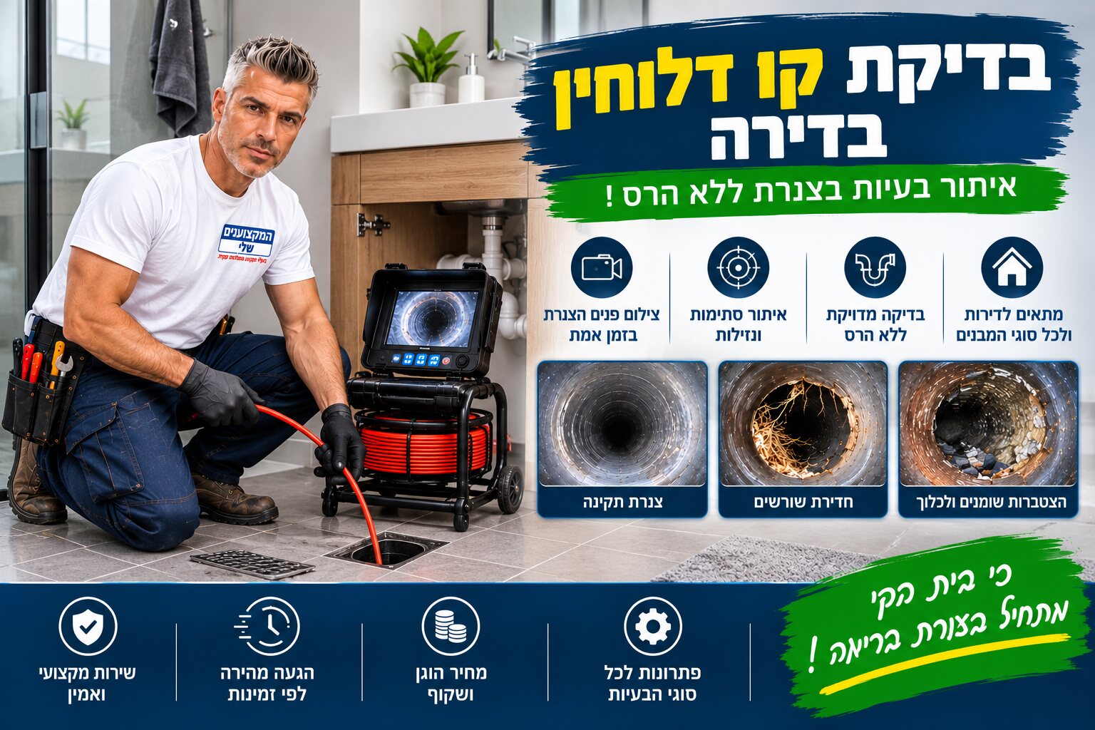 אינסטלטור מצלם קו דלוחין בדירה עם מצלמת צנרת דרך פתח הניקוז ברצפת חדר הרחצה