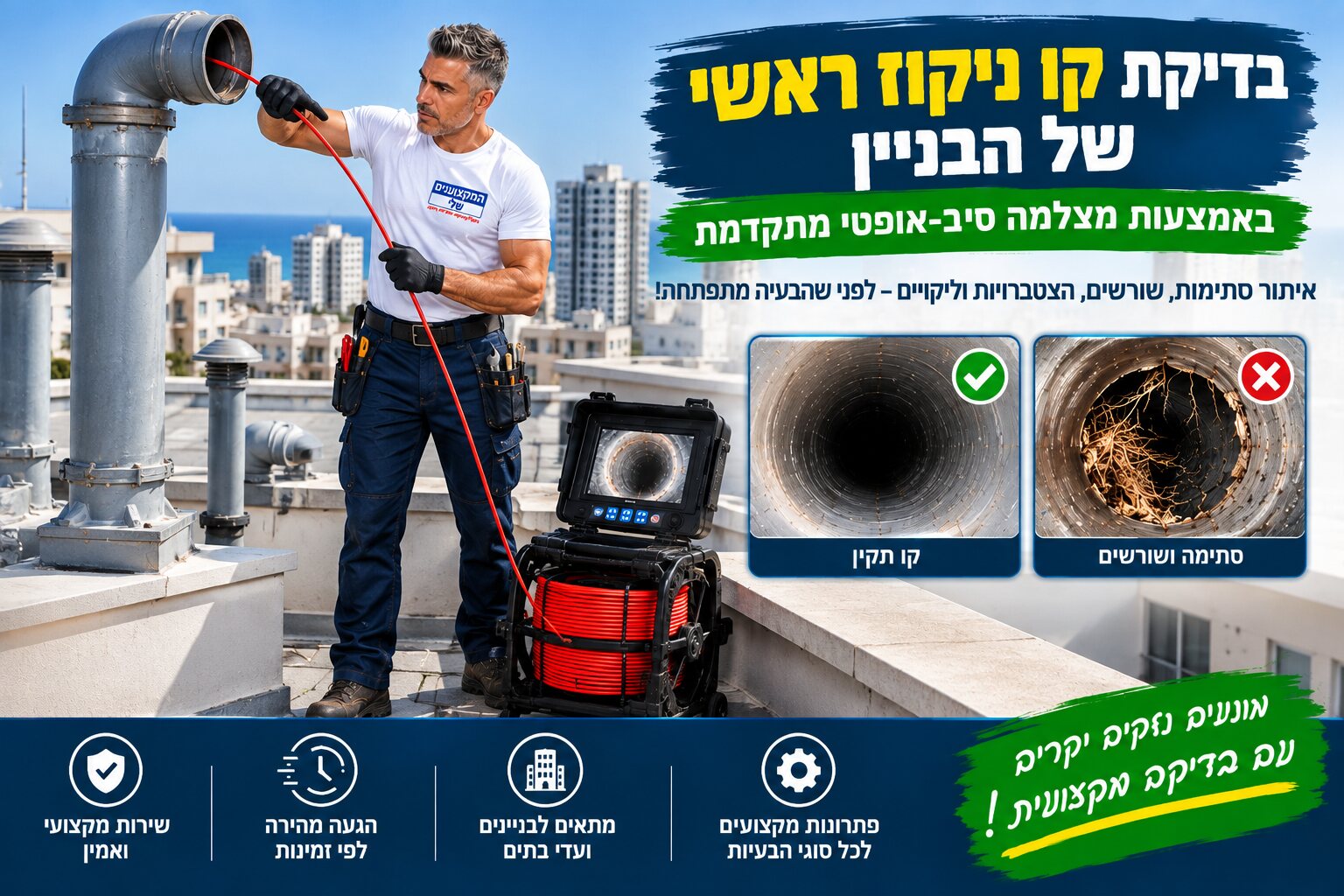 בדיקת קו ניקוז ראשי של בניין מהגג בעזרת מצלמת צנרת, לאיתור שורשים וסתימות
