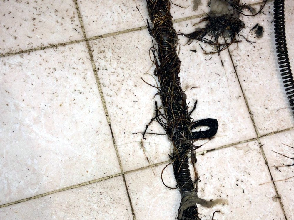 גוש ארוך של שורשים ופסולת שנשלף מקו הניקוז ומונח על הריצוף