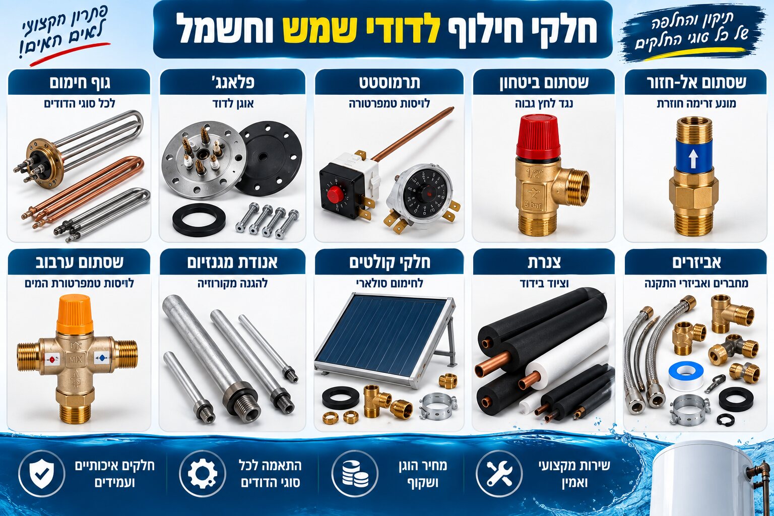 חלקי חילוף לדודי שמש וחשמל: גוף חימום, פלאנג׳, תרמוסטט, שסתומים, אנודת מגנזיום וצנרת