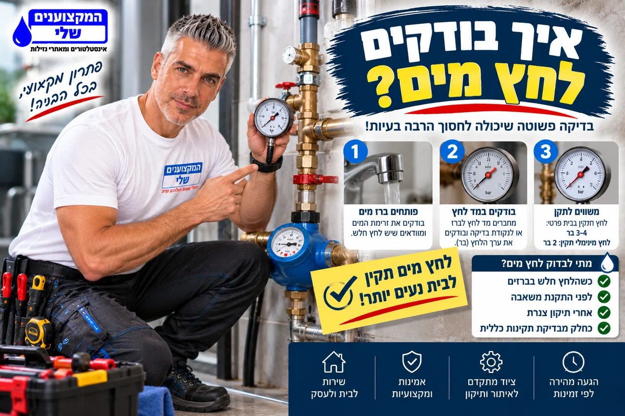 איך בודקים לחץ מים - פותחים ברז, מחברים מד לחץ ומשווים לערך תקין של 3-4 בר
