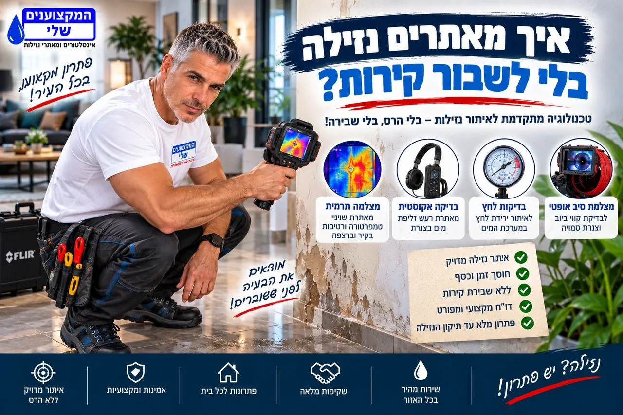 איך מאתרים נזילה בלי לשבור קירות - מצלמה תרמית, בדיקה אקוסטית, מצלמת סיב אופטי ובדיקות לחץ