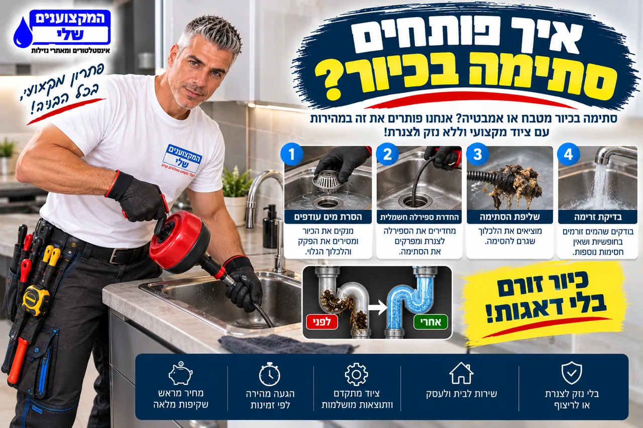 איך פותחים סתימה בכיור - הסרת מים עודפים, החדרת ספירלה חשמלית, שליפת הסתימה ובדיקת זרימה