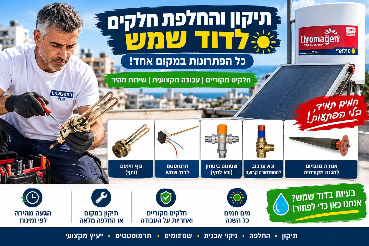 החלפת גוף חימום מכוסה אבנית בדוד שמש, לצד תרמוסטט, שסתום ביטחון ואנודת מגנזיום