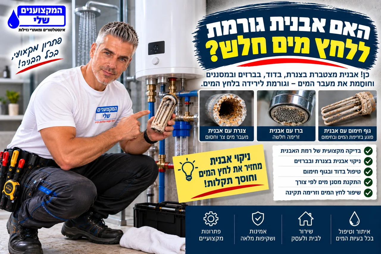 האם אבנית גורמת ללחץ מים חלש - גוף חימום עם אבנית, ברז עם אבנית וצנרת עם מעבר מים צר
