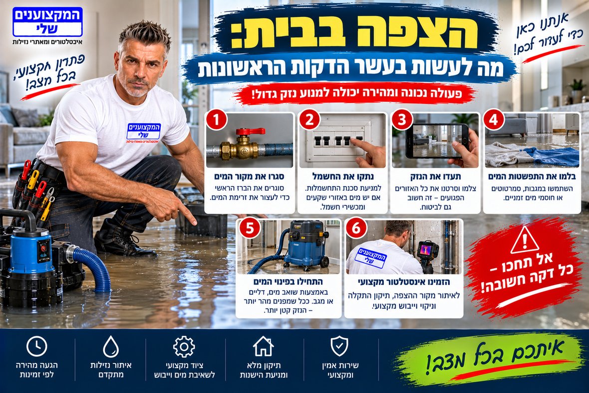 הצפה בבית, שישה צעדים בעשר הדקות הראשונות: סגירת מים, ניתוק חשמל, תיעוד ושאיבה