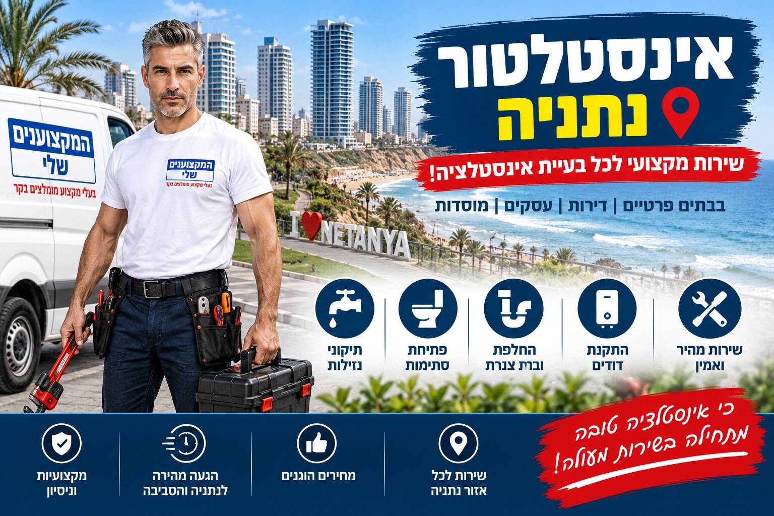 אינסטלטור בנתניה של המקצוענים שלי מול קו הרקיע והחוף של נתניה: תיקוני נזילות, פתיחת סתימות, החלפת צנרת והתקנת דודים