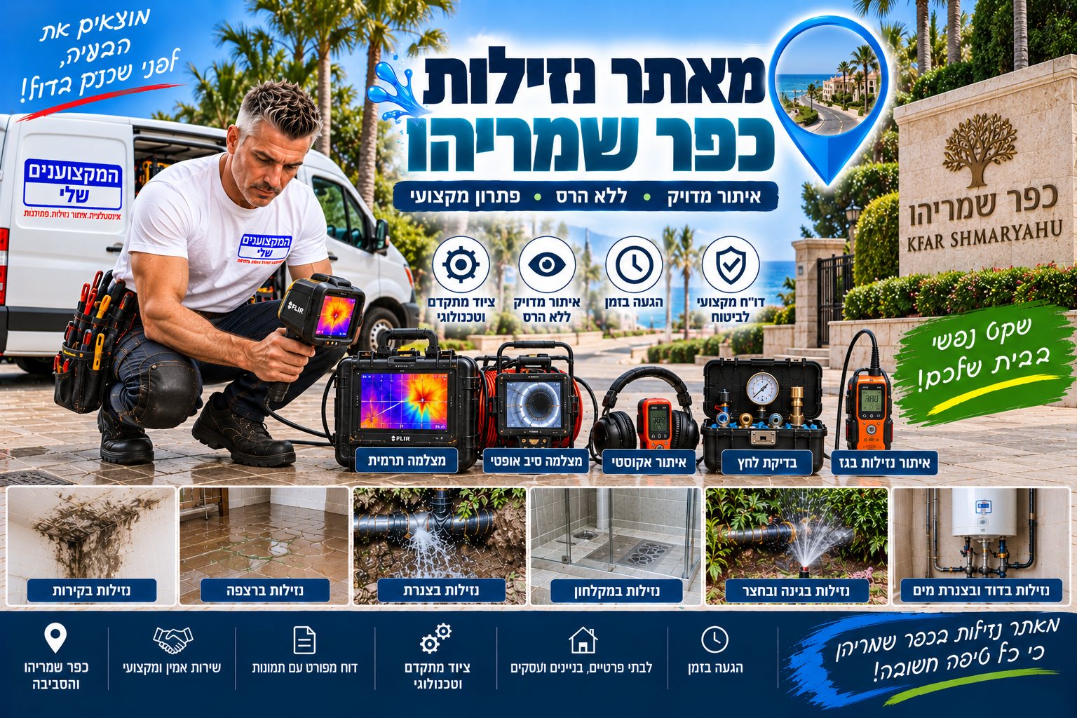 מאתר נזילות בכפר שמריהו – המקצוענים שלי, איתור נזילות ללא הרס מיותר עם מצלמה תרמית, גלאי אקוסטי וגז עוקב