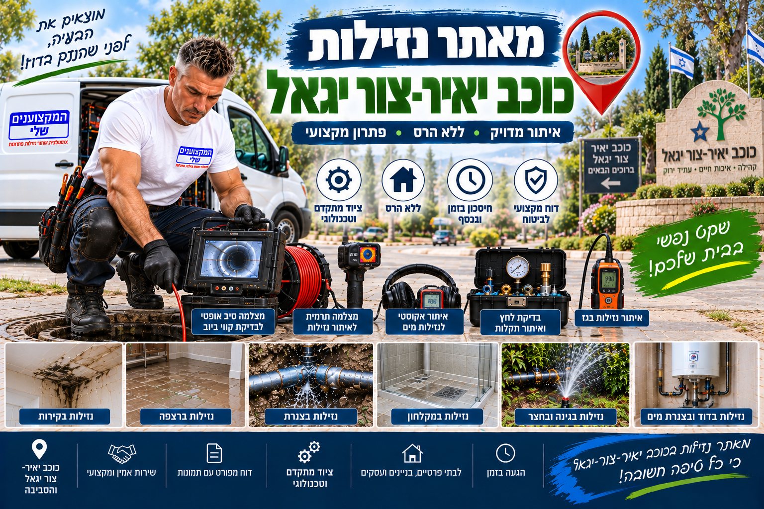 מאתר נזילות בכוכב יאיר-צור יגאל – המקצוענים שלי, איתור נזילות ללא הרס מיותר עם מצלמה תרמית, גלאי אקוסטי וגז עוקב