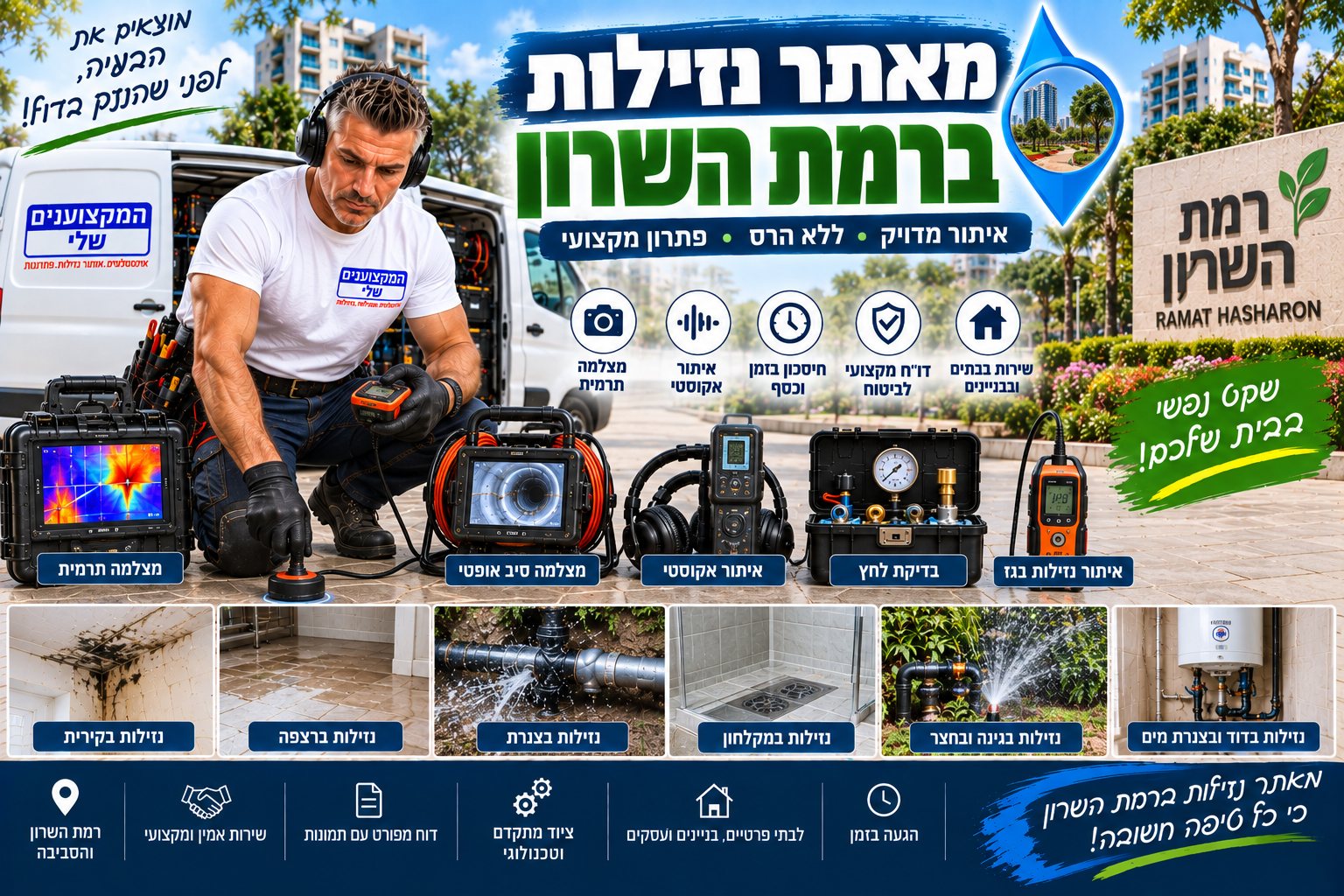 מאתר נזילות ברמת השרון – המקצוענים שלי, איתור נזילות ללא הרס מיותר עם מצלמה תרמית, גלאי אקוסטי וגז עוקב