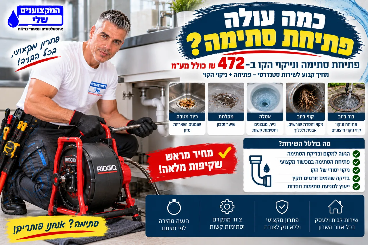 כמה עולה פתיחת סתימה - פתיחה וניקוי הקו ב-472 שח כולל מעמ, מחיר קבוע לשירות סטנדרטי