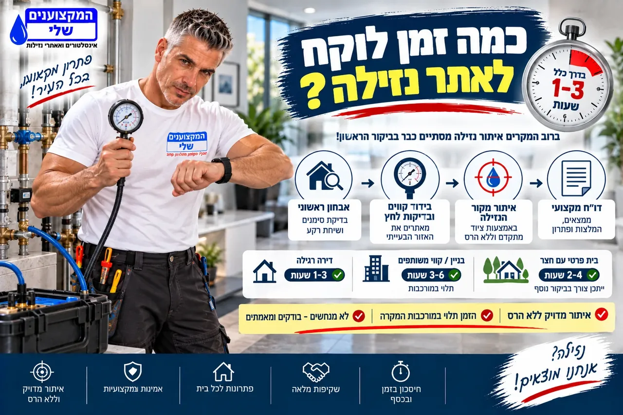 כמה זמן לוקח לאתר נזילה - 1 עד 3 שעות בדירה רגילה