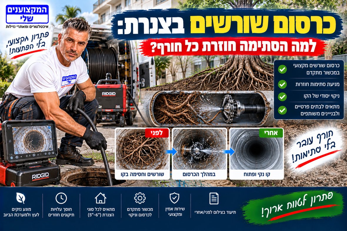 כרסום שורשים בצנרת ביוב עם ראש כרסום ממונע, לפני ואחרי בתוך הקו