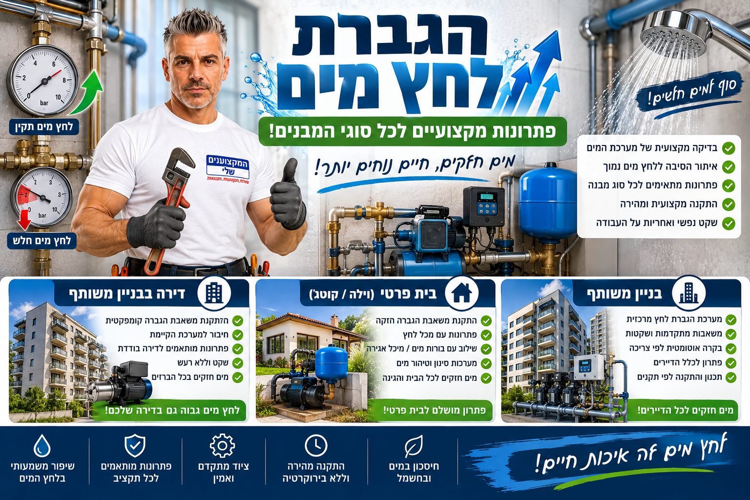 הגברת לחץ מים: פתרונות לבניין משותף, בית פרטי ודירה, עם השוואה בין לחץ מים תקין ללחץ מים חלש