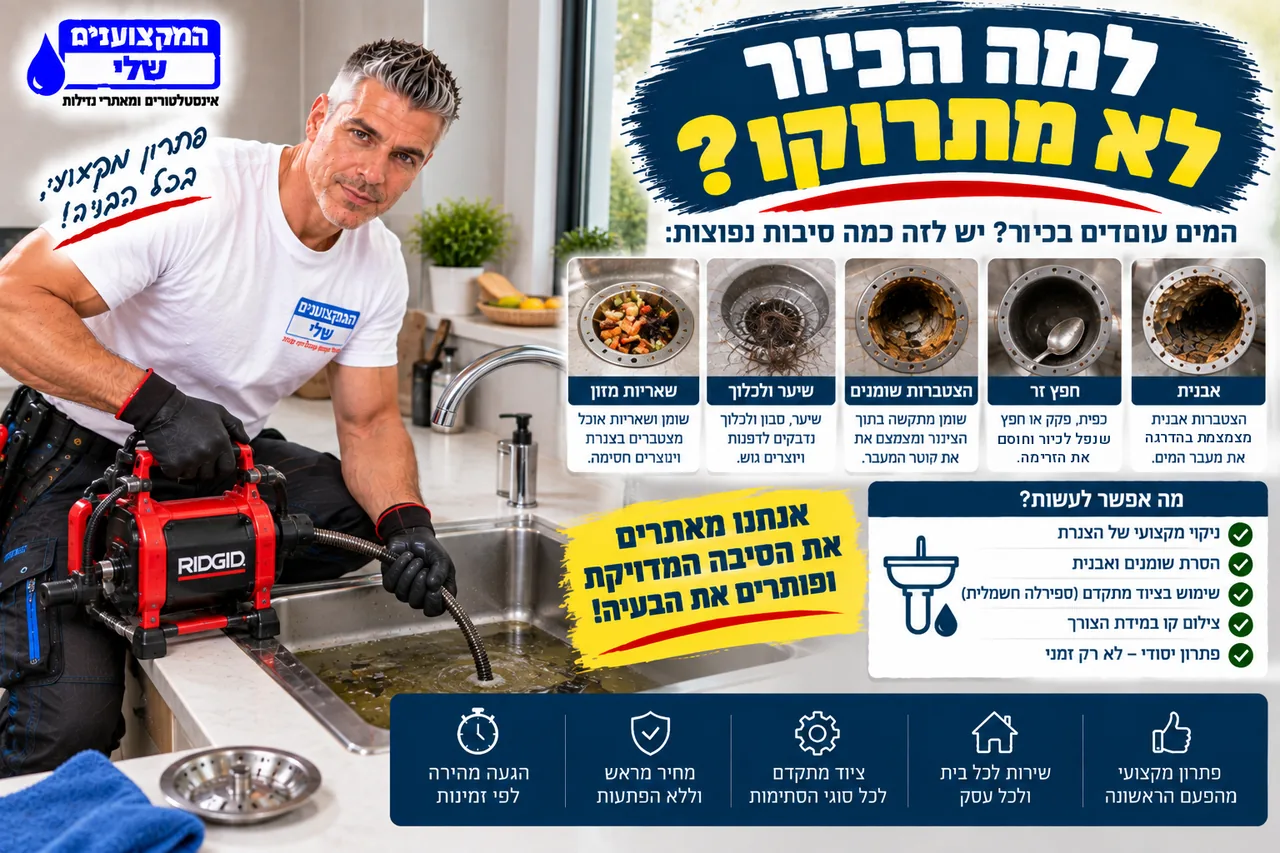 למה הכיור לא מתרוקן - שאריות מזון, שיער ולכלוך, הצטברות שומנים, חפץ זר ואבנית בצנרת