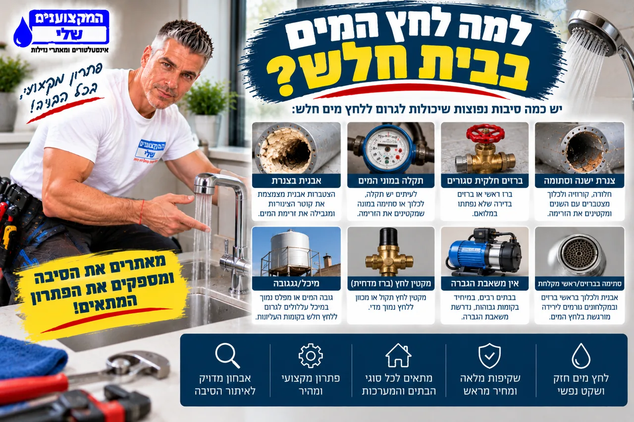 למה לחץ המים בבית חלש - צנרת ישנה וסתומה, אבנית בצנרת, ברזים סגורים חלקית, מקטין לחץ ומשאבת הגברה