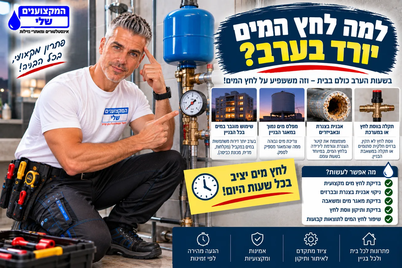 למה לחץ המים יורד בערב - שימוש מוגבר בכל הבניין, מפלס מים נמוך במאגר ואבנית בצנרת