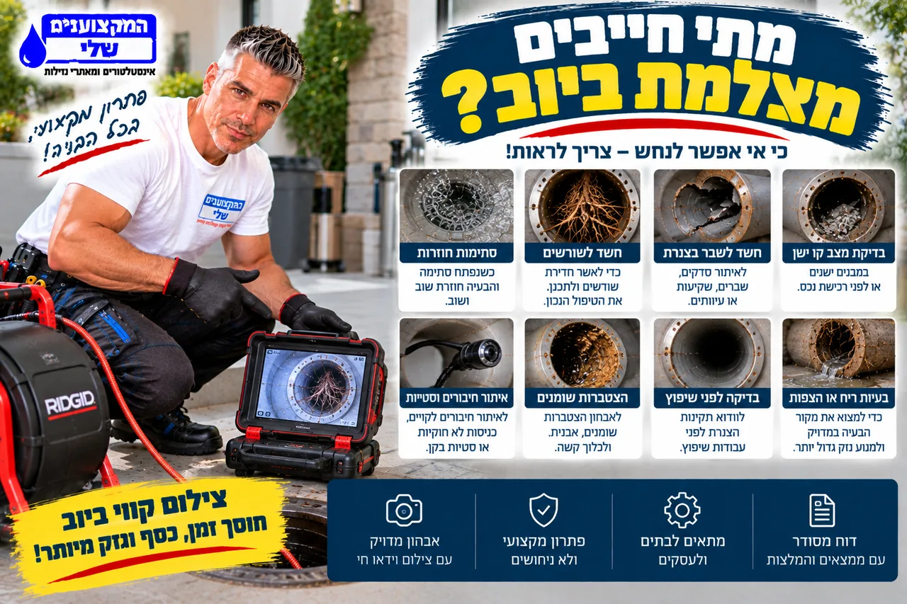 מתי חייבים מצלמת ביוב - סתימות חוזרות, חשד לשורשים, חשד לשבר בצנרת ובדיקה לפני שיפוץ