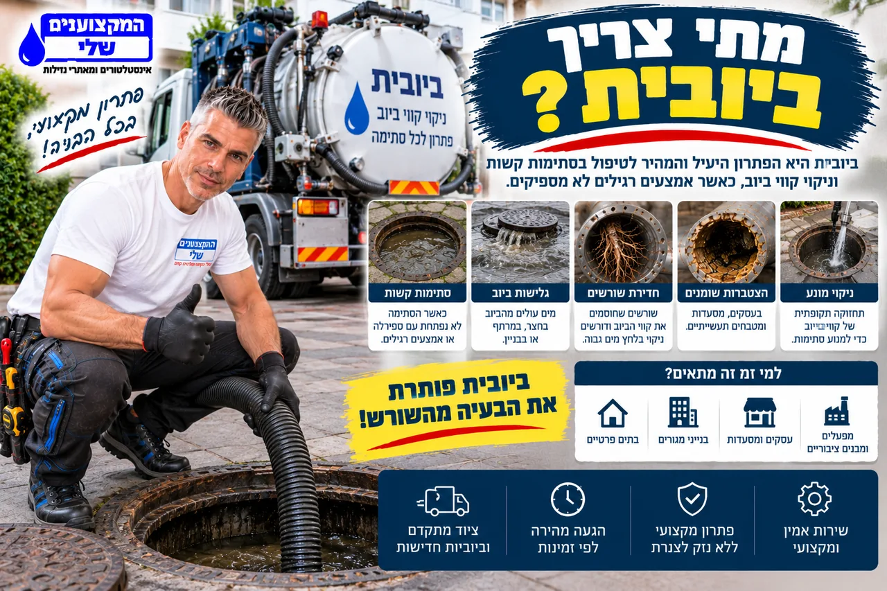 מתי צריך ביובית - סתימות קשות, גלישות ביוב, חדירת שורשים, הצטברות שומנים וניקוי מונע