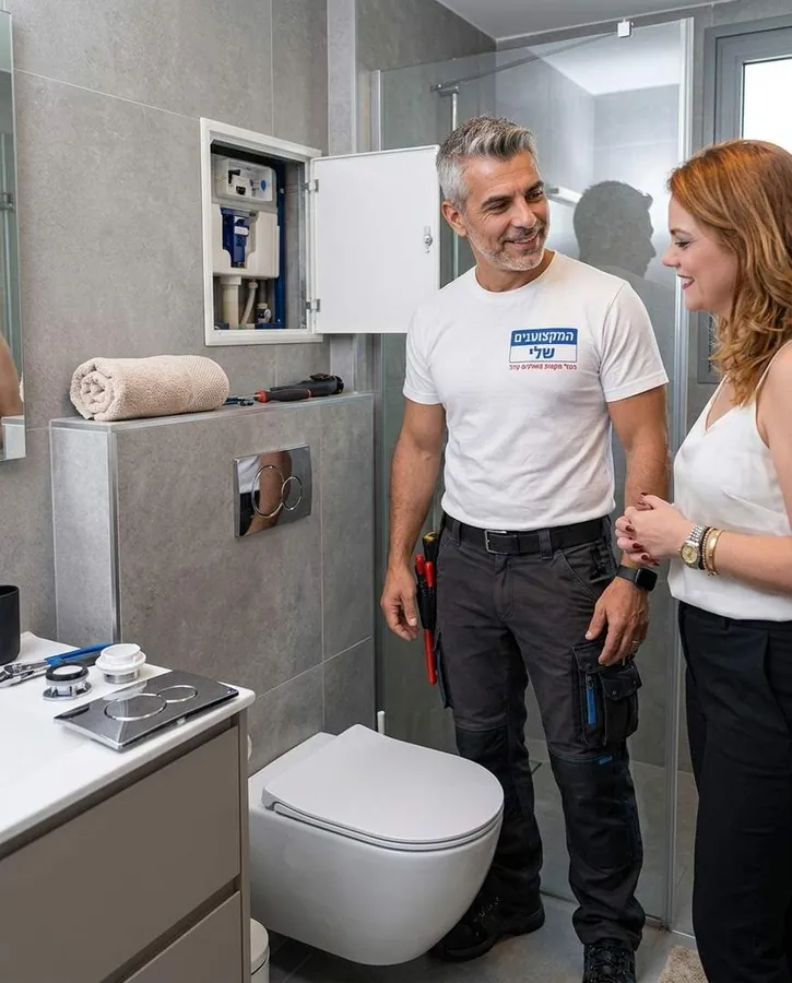 פתח הגישה של ניאגרה סמויה פתוח בקיר חדר הרחצה, האינסטלטור של המקצוענים שלי מסביר ללקוחה ליד אסלה תלויה