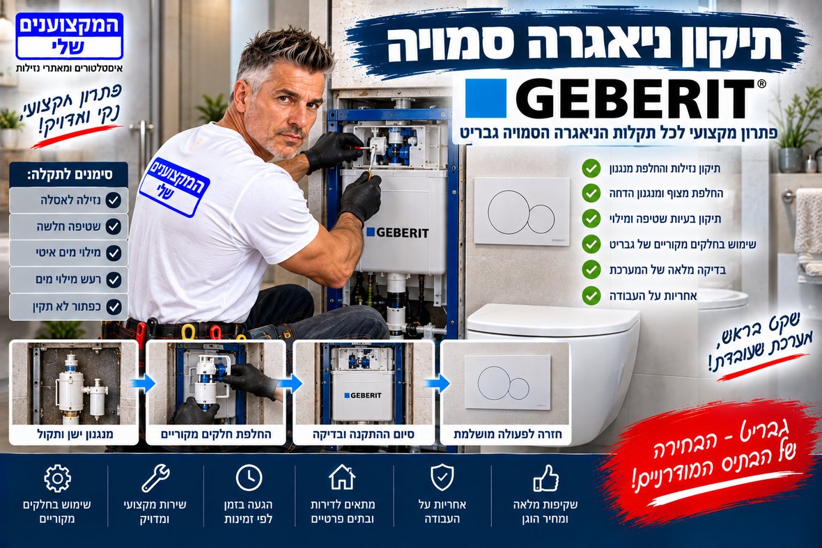 תיקון ניאגרה סמויה גבריט, החלפת מנגנון ומצוף עם חלקים מקוריים דרך פתח הביקורת