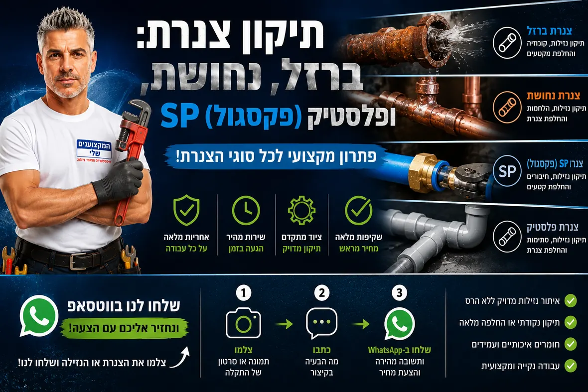 תיקון צנרת ברזל, נחושת, SP פקסגול ופלסטיק — תיקון נזילות, קורוזיה, הלחמות והחלפת קטעי צנרת