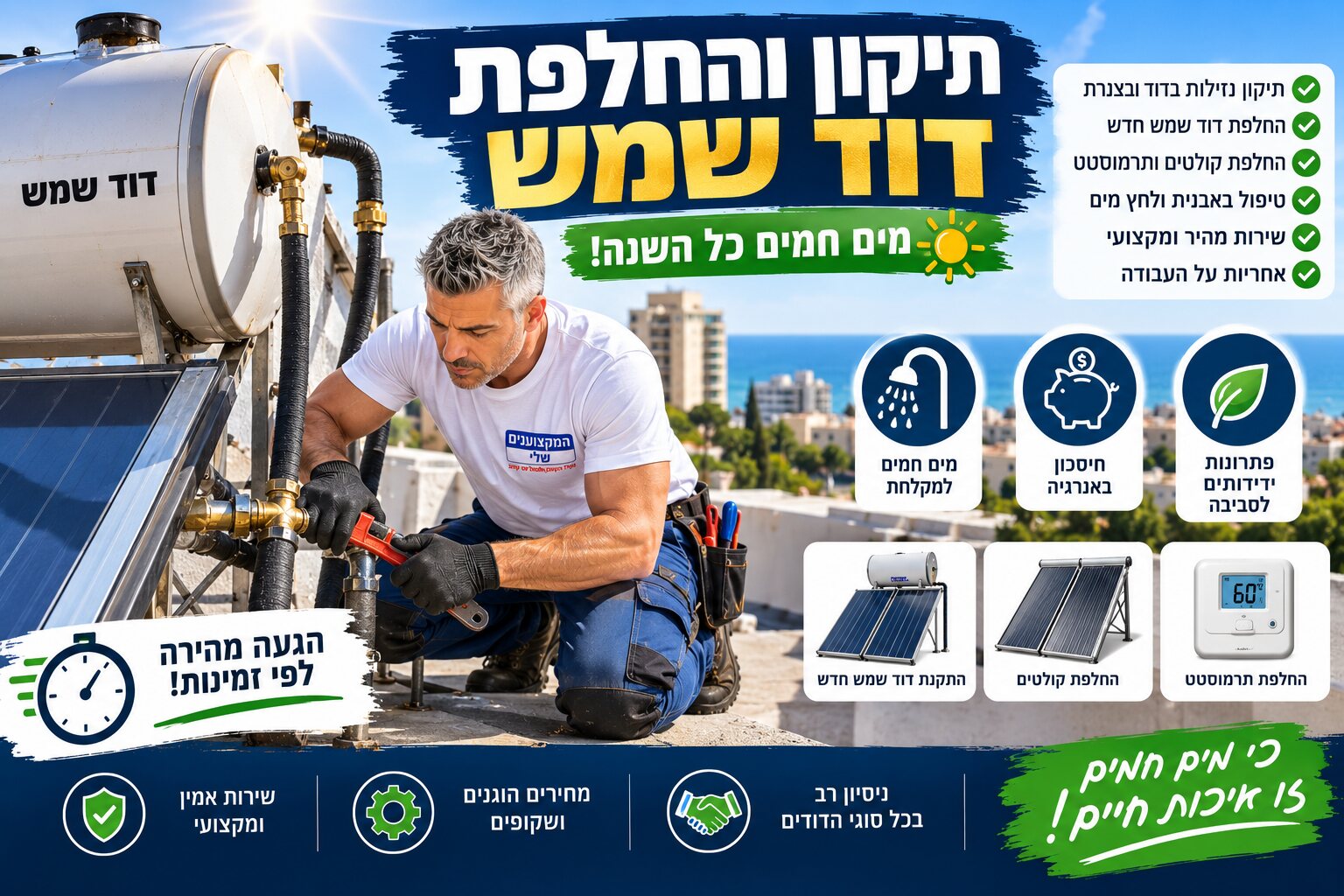 אינסטלטור של המקצוענים שלי מהדק חיבור צנרת לדוד שמש על הגג