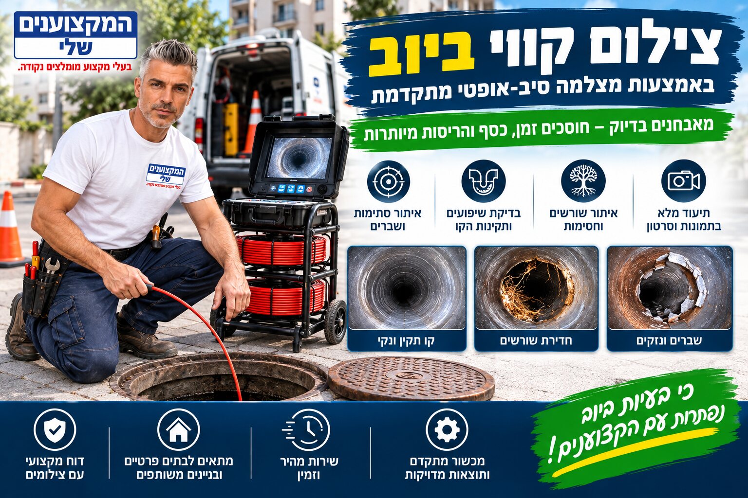 צילום קו ביוב בשוחה ברחוב עם מצלמת סיב-אופטי מקצועית ליד רכב השירות