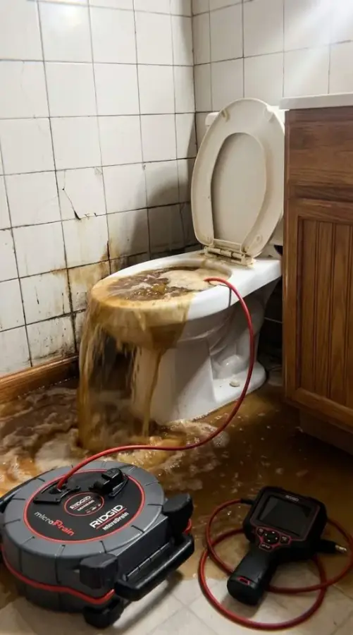 אסלה שעולה על גדותיה וצילום קו הביוב