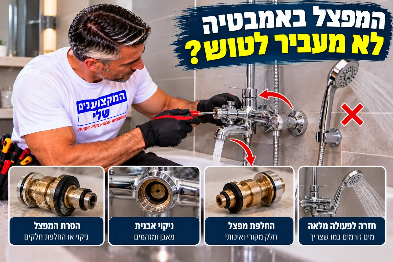 המפצל באמבטיה לא מעביר לטוש, ניקוי אבנית והחלפת מפצל, המקצוענים שלי