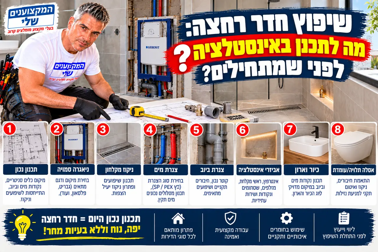 תכנון אינסטלציה לפני שיפוץ חדר רחצה: ניאגרה סמויה, ניקוז מקלחון ונקודות מים, המקצוענים שלי