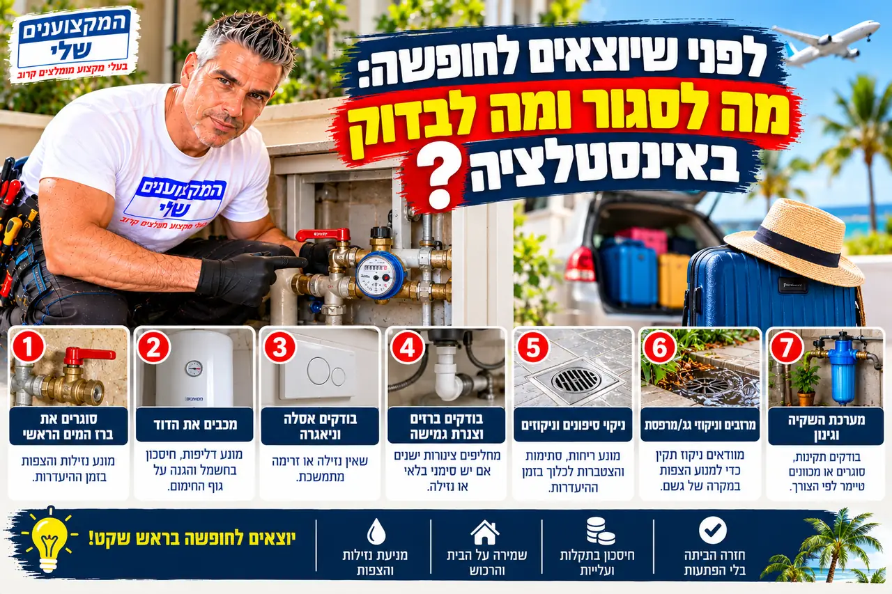 רשימת בדיקות אינסטלציה לפני חופשה: סגירת ברז ראשי, כיבוי הדוד ובדיקת גמישים, המקצוענים שלי