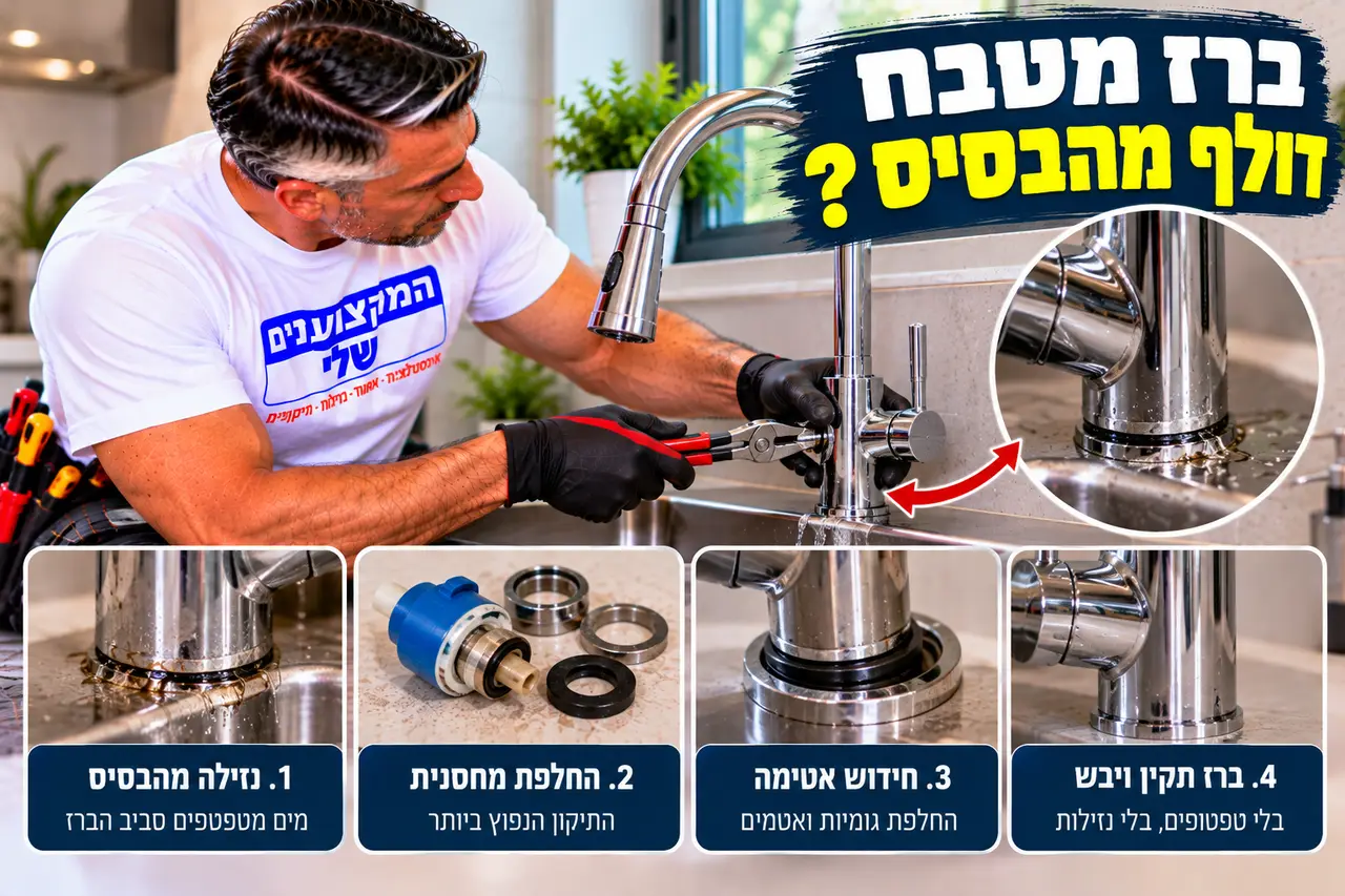 ברז מטבח דולף מהבסיס, בדיקה והחלפת מחסנית ואטמים, המקצוענים שלי