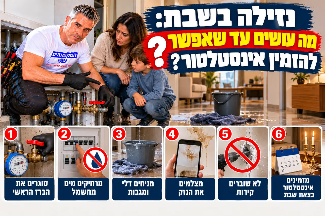 מה עושים בנזילה בשבת: סגירת הברז הראשי, הרחקת מים מחשמל ותיעוד הנזק, המקצוענים שלי