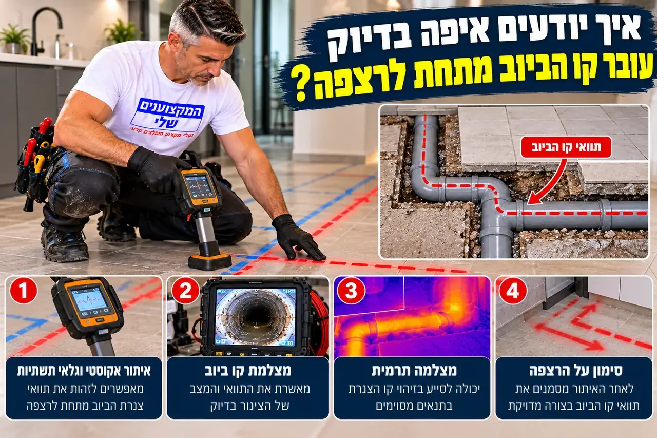 איתור תוואי קו ביוב מתחת לרצפה עם מצלמה ומקלט וסימון על הריצוף, המקצוענים שלי