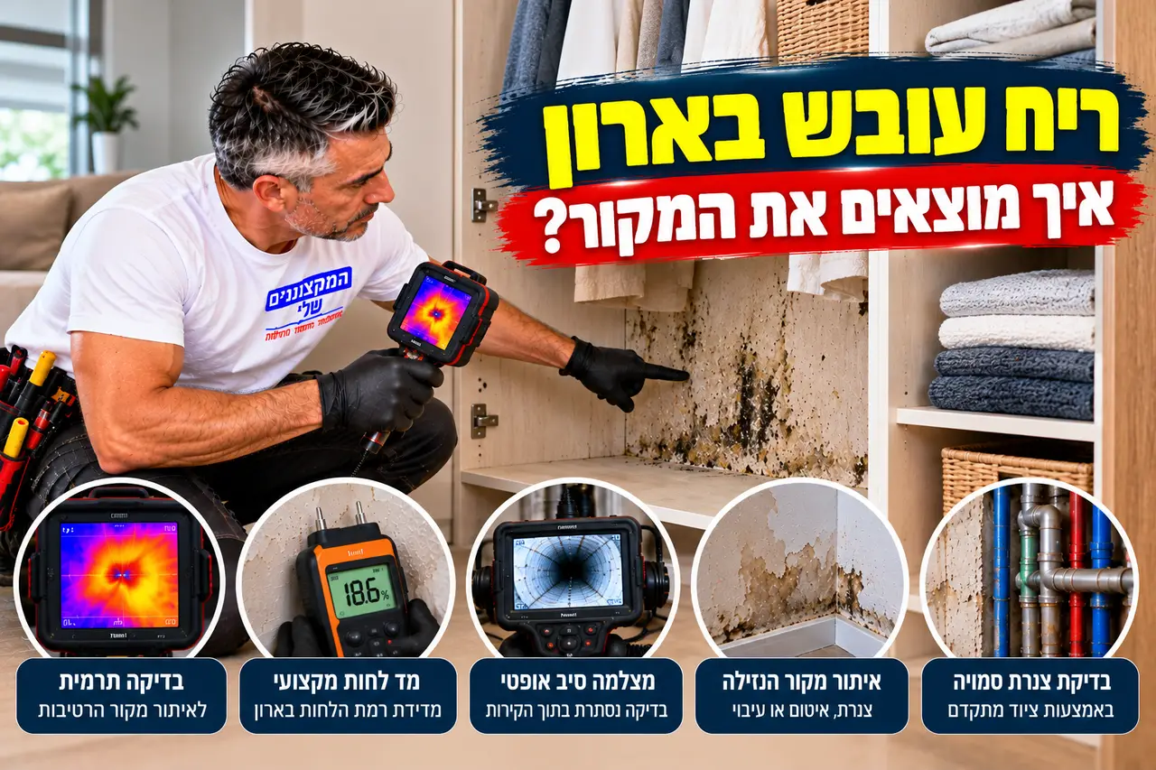 ריח של עובש בארון בגדים, בדיקה במצלמה תרמית ובמד לחות לאיתור המקור, המקצוענים שלי