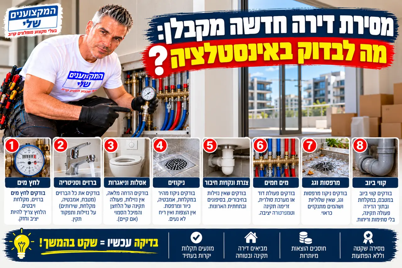 בדיקת אינסטלציה במסירת דירה חדשה מקבלן: לחץ מים, ניקוזים, אסלות ודוד, המקצוענים שלי