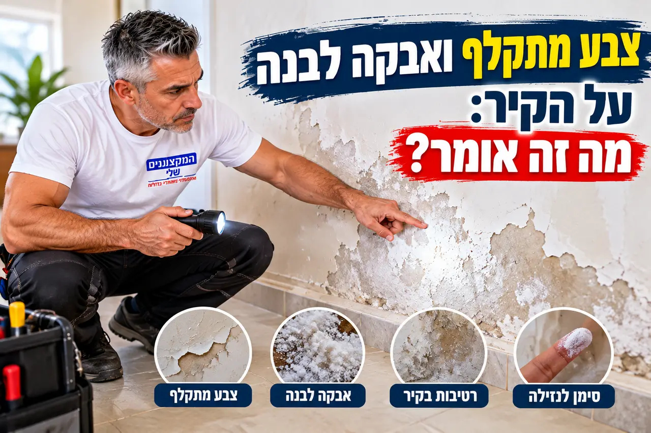 צבע מתקלף ואבקה לבנה של מלחים על קיר רטוב, בדיקת מקור הרטיבות, המקצוענים שלי